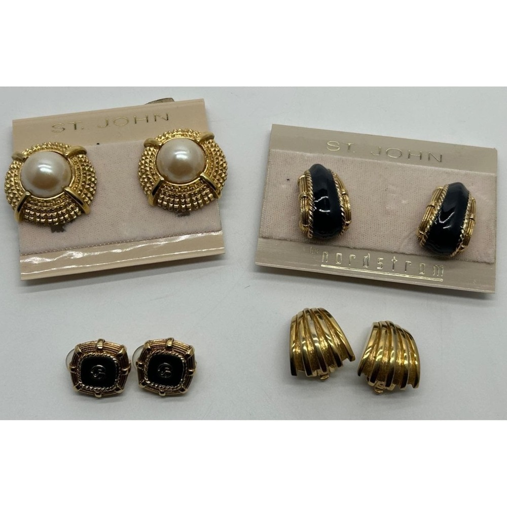 Vtg Lot of 4 Signed St‎ John Earrings Couture Runway Pearls Signature Clip-on